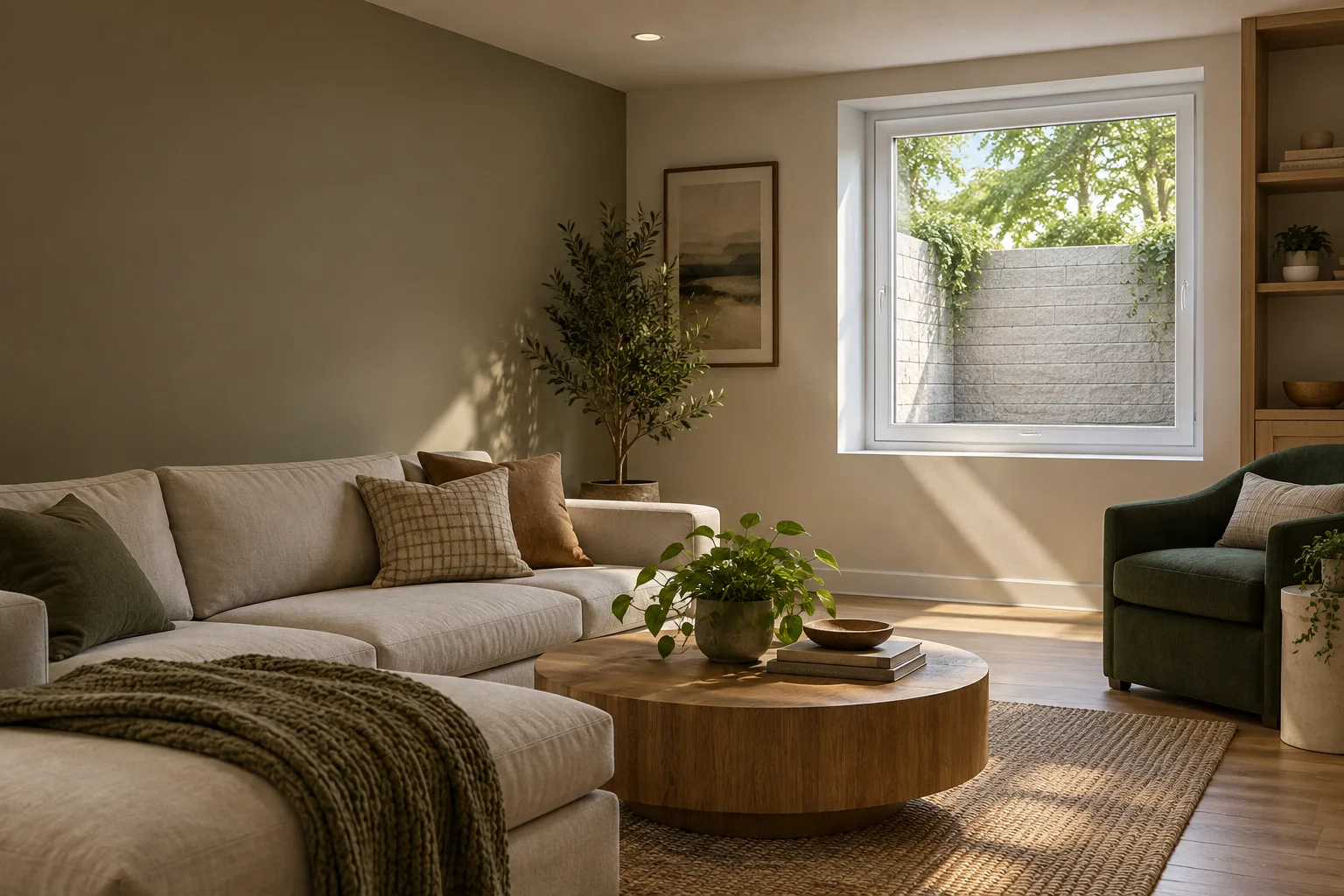 Architectural concept of a warm finished basement with daylight entering a window above an exterior well